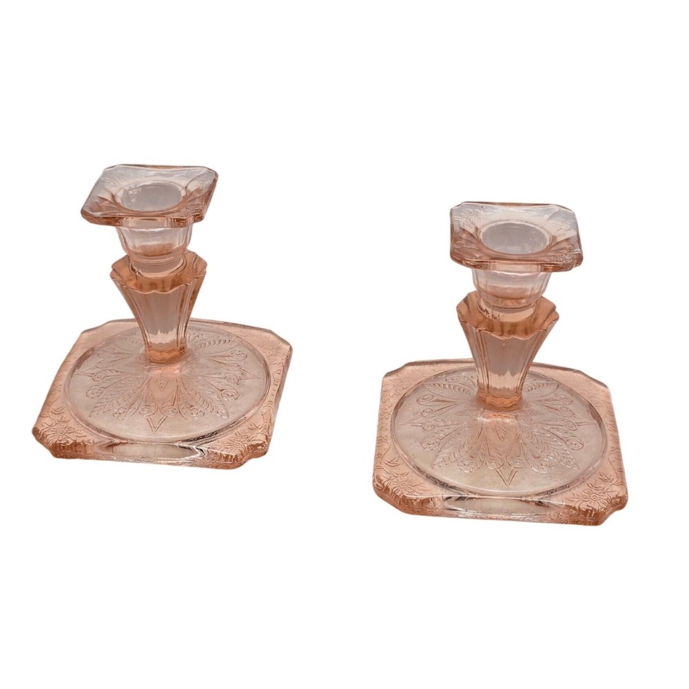 Jeannette Glass ADAM Pink Depression Glass Candle Holders Set Vintage